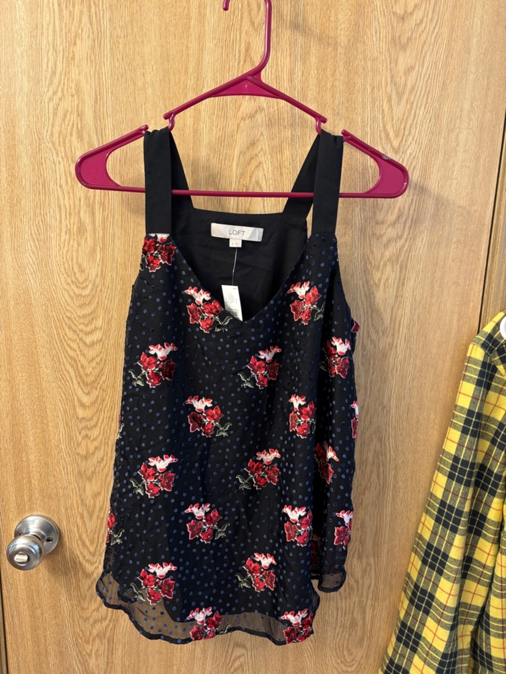 LOFT Black Floral Camisole with Red Rose Print